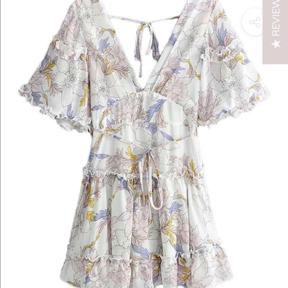 White floral open back mini dress